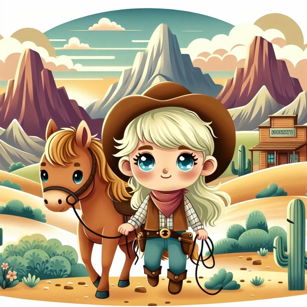 Une illustration destinée aux enfants représentant une jeune cowgirl courageuse, aux cheveux blonds comme les rayons du soleil et aux yeux bleus comme le ciel, dans une petite ville poussiéreuse du Far West, accompagnée de son fidèle cheval, explorant les vastes plaines vallonnées entourées de majestueuses montagnes rocheuses.