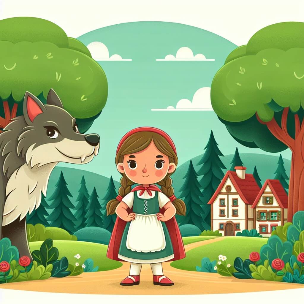 Une illustration destinée aux enfants représentant une petite fille courageuse, se tenant fièrement face à un grand méchant loup, dans un paisible village entouré de collines verdoyantes et de majestueux arbres.