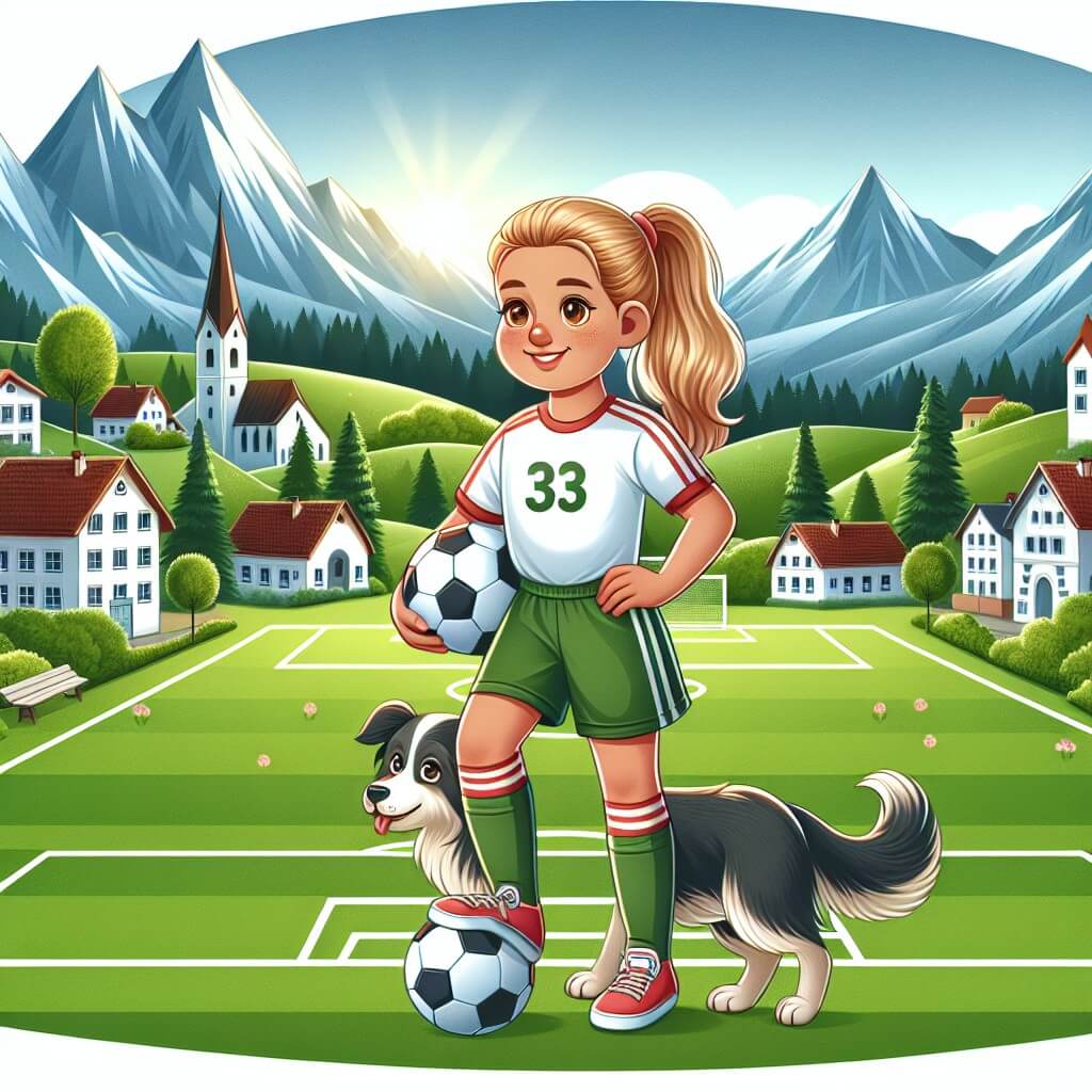 Une illustration destinée aux enfants représentant une jeune joueuse de football passionnée, se tenant fièrement sur un terrain verdoyant entouré de montagnes majestueuses, tandis qu'elle joue avec son chien fidèle à ses côtés, dans la petite ville animée où elle a grandi.