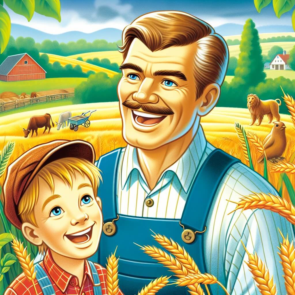 Une illustration destinée aux enfants représentant un homme souriant et joyeux, travaillant avec passion dans un champ de blé doré, accompagné d'un jeune garçon curieux et enthousiaste, dans une ferme entourée de prairies verdoyantes et d'animaux joyeux.