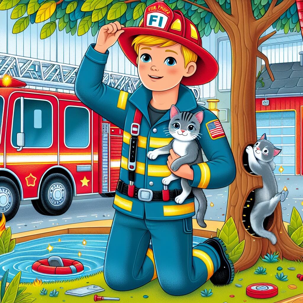 Une illustration destinée aux enfants représentant un jeune homme passionné par les pompiers, qui fait preuve de courage en sauvant un chaton coincé dans un arbre, avec en toile de fond la caserne des pompiers, avec ses camions rouges étincelants et son grand poteau de descente.