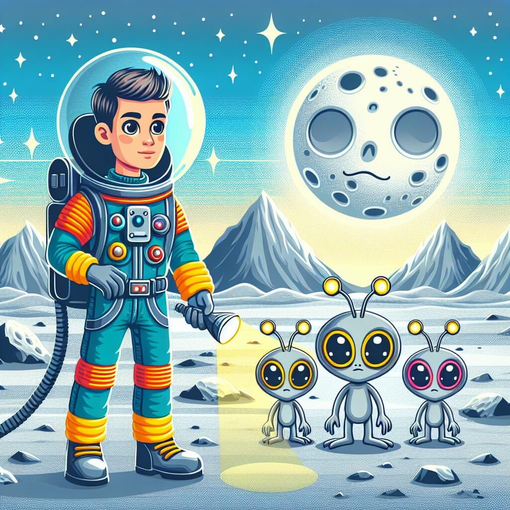 Une illustration destinée aux enfants représentant un homme intrépide, vêtu d'une combinaison spatiale colorée, en train d'explorer la surface lumineuse de la Lune en compagnie d'adorables extraterrestres aux grands yeux brillants, sur fond d'un paysage lunaire parsemé de cratères argentés et de montagnes majestueuses.