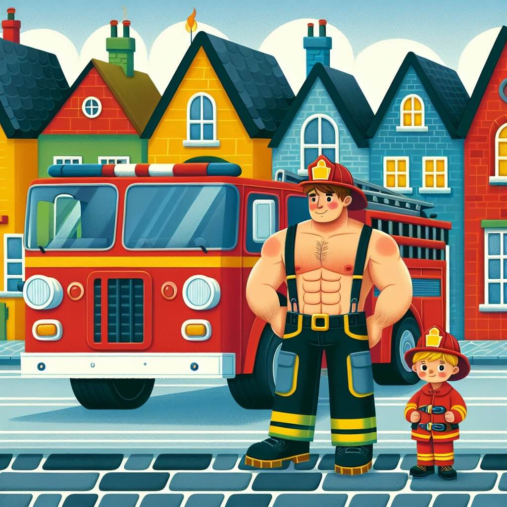 Une illustration destinée aux enfants représentant un pompiere courageux et musclé, se tenant devant un camion rouge flamboyant, avec un jeune pompier timide à ses côtés, dans un petit village coloré rempli de maisons en briques et de rues pavées.