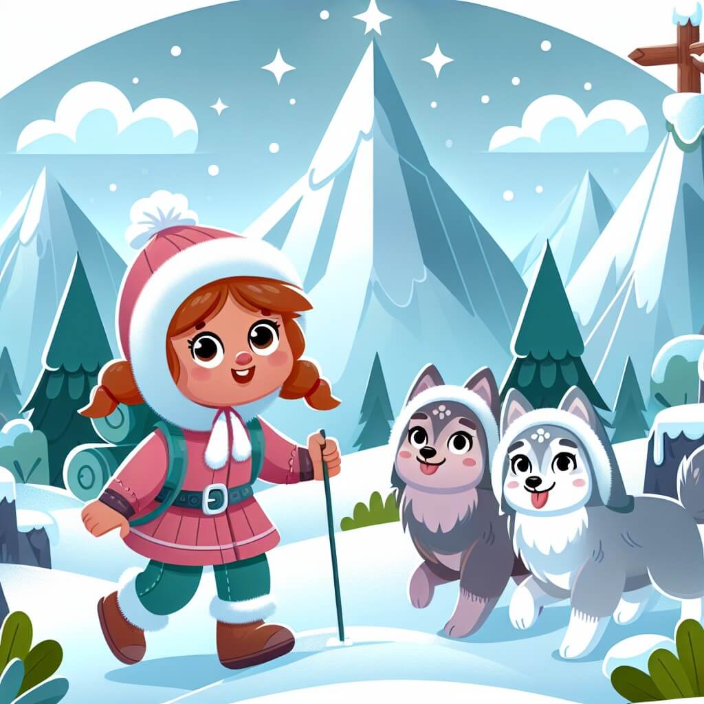 Une illustration destinée aux enfants représentant une petite fille intrépide, accompagnée de ses fidèles amis, explorant une montagne mystérieuse et enneigée, à la recherche d'un trésor caché.