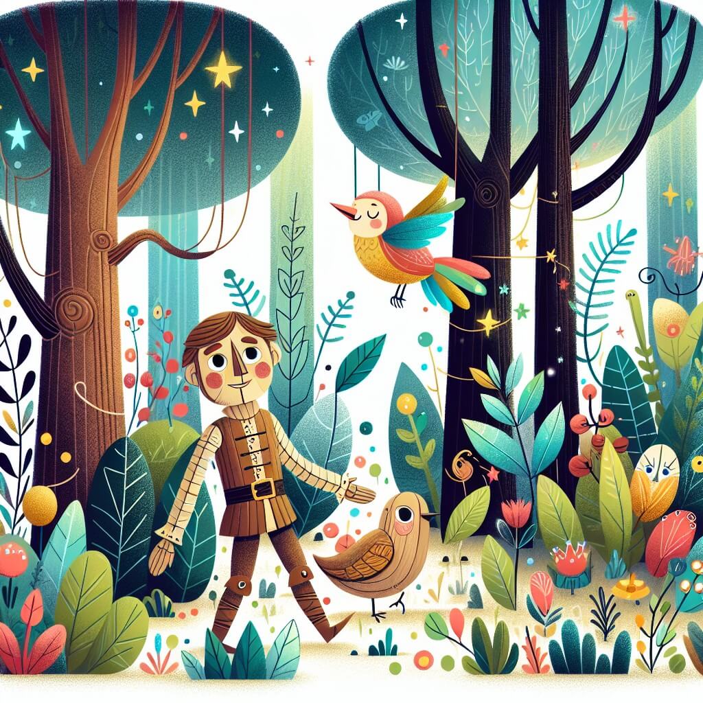 Une illustration destinée aux enfants représentant une marionnette en bois vivante, perdue dans une forêt enchantée, accompagnée d'un petit oiseau coloré, dans un monde féerique plein de plantes lumineuses et d'animaux fantastiques.