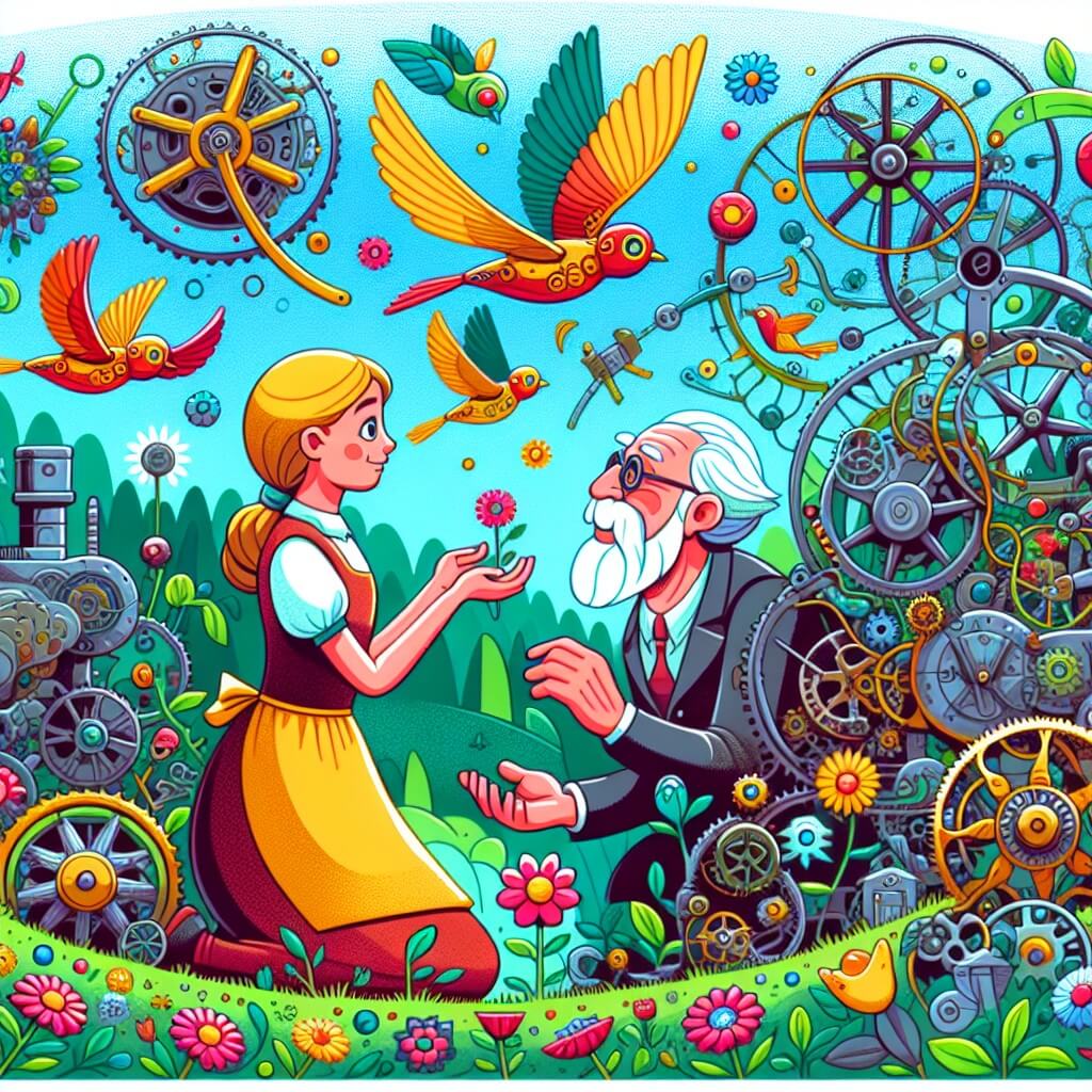 Une illustration destinée aux enfants représentant une femme curieuse, entourée de machines étranges, rencontrant un vieux inventeur dans un jardin coloré rempli de fleurs et d'oiseaux mécaniques volants.