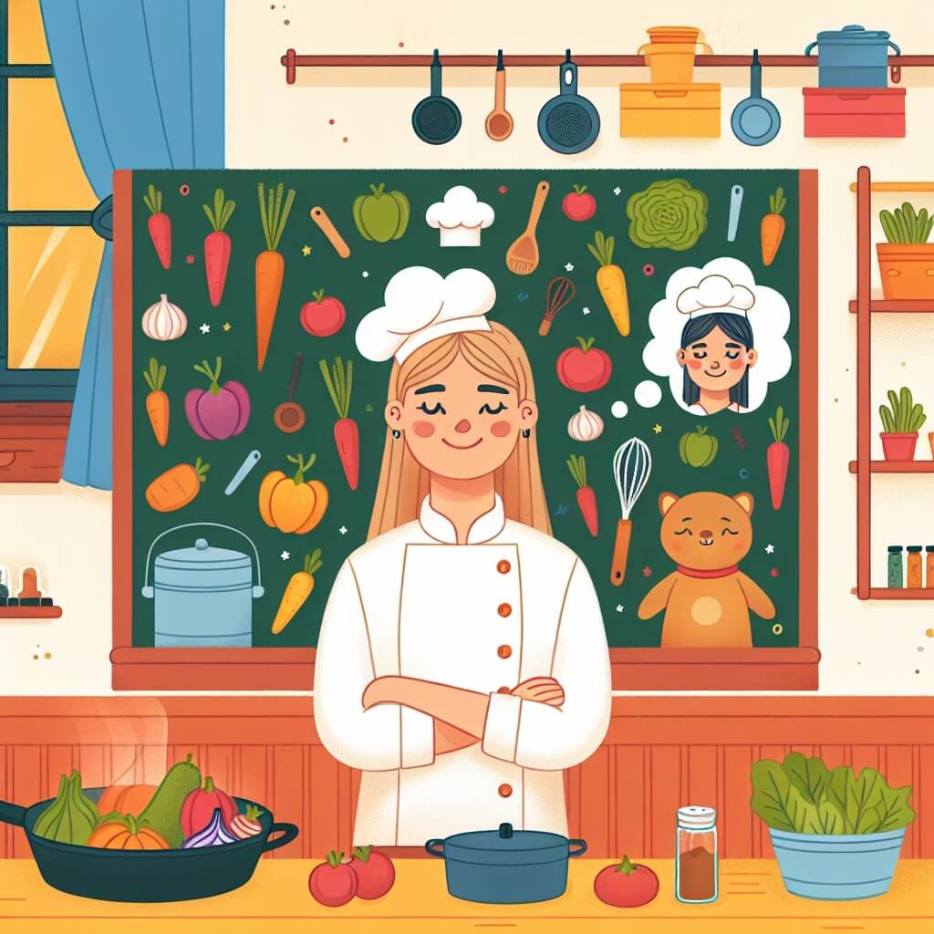 Une illustration destinée aux enfants représentant une jeune femme passionnée de cuisine, entourée de légumes colorés et d'ustensiles de cuisine, qui rêve de devenir une chef renommée, dans une cuisine chaleureuse et lumineuse avec des étagères remplies d'épices et des casseroles suspendues au plafond.