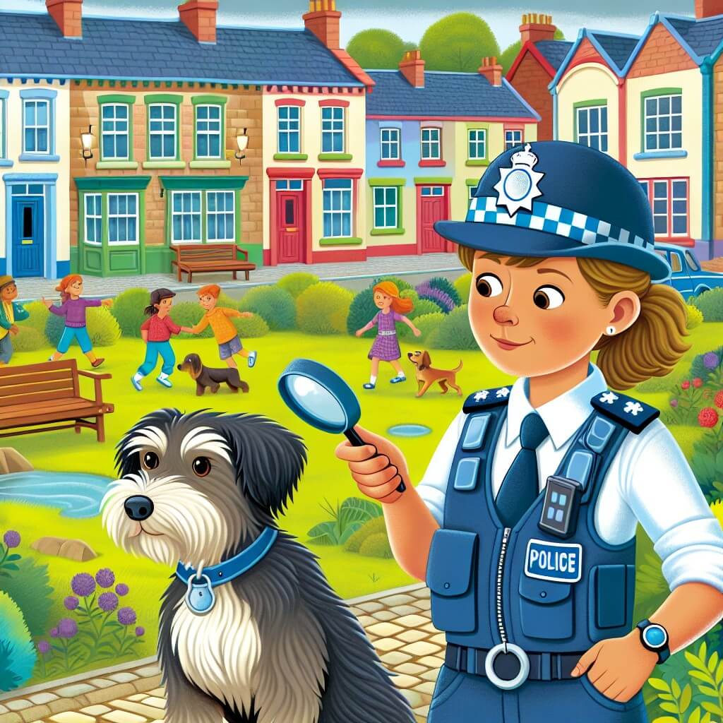 Une illustration destinée aux enfants représentant une femme policière déterminée, accompagnée d'un chien policier loyal, en train de résoudre un mystère captivant dans une petite ville pittoresque, avec des maisons colorées, des rues pavées et un parc verdoyant où les enfants jouent joyeusement.
