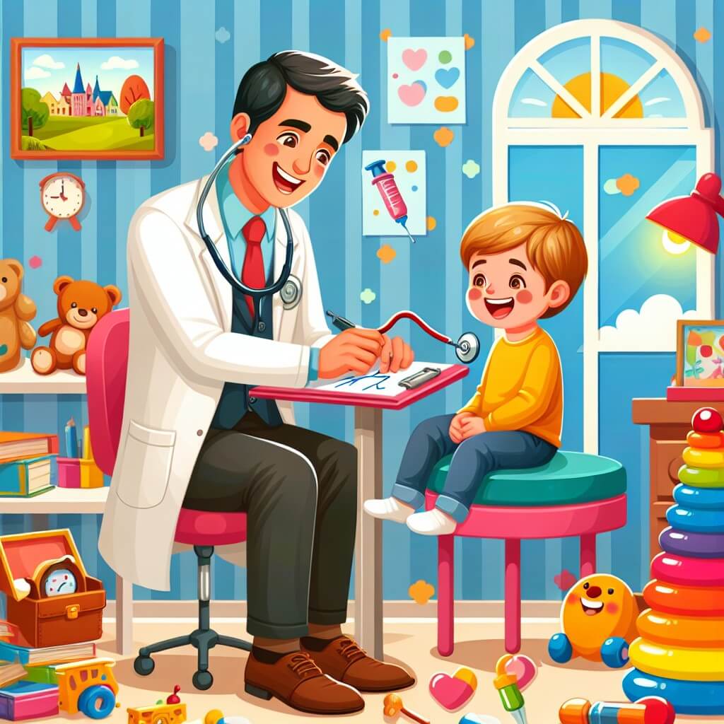Une illustration destinée aux enfants représentant un homme souriant, un médecin, qui aide un jeune garçon avec un ventre douloureux, entourés de jouets colorés et d'un grand stéthoscope, dans son studio médical rempli de livres et de dessins joyeux, situé dans une petite ville chaleureuse appelée Felicità.