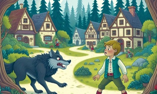 Une illustration destinée aux enfants représentant un petit garçon courageux affrontant un grand méchant loup dans un village pittoresque entouré d'une dense forêt enchantée.