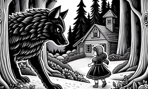 Une illustration destinée aux enfants représentant une jeune fille courageuse confrontant un grand méchant loup dans une forêt sombre et mystérieuse, avec en arrière-plan la petite maison en bois de la grand-mère de la fille, entourée de prairies fleuries et de grands arbres majestueux.