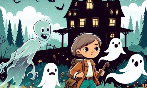 Une illustration destinée aux enfants représentant une jeune fille courageuse explorant une maison abandonnée hantée par des esprits tourmentés, accompagnée d'un esprit enfantin pâle et transparent, dans un petit village entouré de sombres forêts mystérieuses.