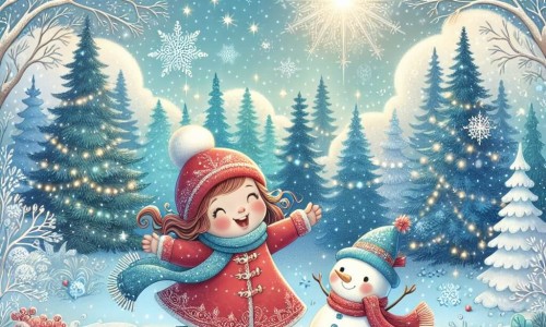 Une illustration destinée aux enfants représentant une petite fille vêtue d'un manteau rouge, qui joue joyeusement dans un paysage hivernal enneigé, accompagnée d'un adorable bonhomme de neige, au milieu d'une forêt enchantée avec des arbres couverts de neige étincelante et des flocons qui dansent dans le ciel bleu glacé.