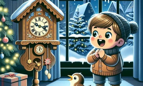 Une illustration destinée aux enfants représentant un garçon émerveillé par un orologio a cucù magico, accompagné d'un petit oiseau enchanté, dans une chambre illuminée par la lueur douce de l'albero di Natale, avec des flocons de neige qui dansent à l'extérieur de la finestra.