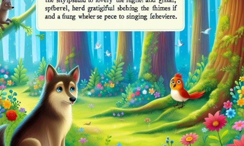 Une illustration destinée aux enfants représentant un chien courageux et intelligent, une situation de mystérieuses disparitions, un petit oiseau chanteur reconnaissant, dans un bosco incantato aux arbres majestueux et aux fleurs colorées, où règne la paix et l'harmonie.