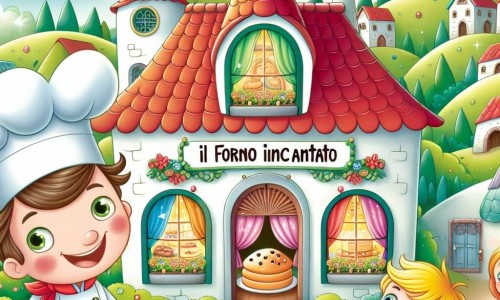 Une illustration destinée aux enfants représentant un boulanger au sourire lumineux, un garçon curieux, une petite fille joyeuse, dans la magique panetteria 