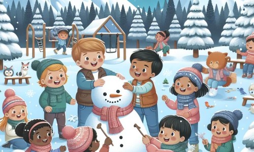 Une illustration destinée aux enfants représentant un jeune garçon, entouré de ses amis, dans un magnifique paysage enneigé d'un parc de jeux d'hiver, où ils construisent un pupazzo de neve et partagent des moments de joie et de générosité avec les animaux de la forêt.