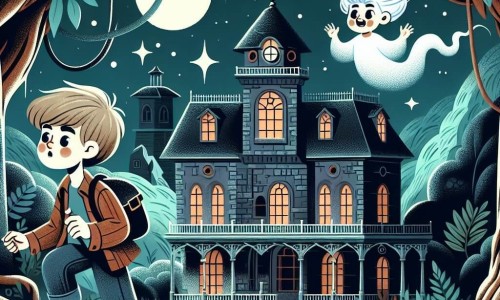 Une illustration destinée aux enfants représentant un garçon curieux et courageux, explorant une maison hantée avec l'aide d'une jeune fantôme aux cheveux flottants, dans une vieille demeure abandonnée au cœur de la forêt sombre et mystérieuse.