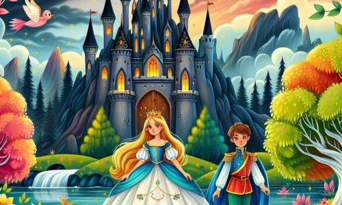 Une illustration destinée aux enfants représentant une princesse courageuse se tenant devant un château sombre et menaçant, accompagnée d'un jeune prince loyal, dans un royaume enchanté aux couleurs vives et aux arbres magiques dansants.