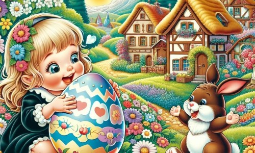 Une illustration destinée aux enfants représentant une petite fille émerveillée découvrant un œuf magique entre les fleurs d'un prairie enchantée, accompagnée d'un joyeux coniglietto di cioccolato, dans un petit village aux maisons colorées et aux toits de chaume.