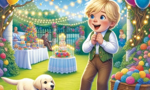 Une illustration destinée aux enfants représentant un jeune garçon, plein d'excitation, découvrant une fête surprise dans un jardin enchanté, entouré de ballons colorés, de guirlandes scintillantes et d'un adorable chiot Labrador Retriever.