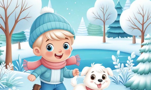 Une illustration destinée aux enfants représentant un jeune garçon joyeux et curieux, accompagné d'un adorable chien blanc, explorant un parc enneigé avec des arbres givrés et un lac gelé, dans une journée d'hiver magique.