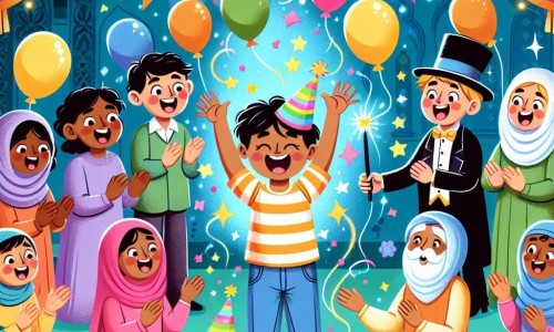 Une illustration destinée aux enfants représentant un garçon rayonnant de bonheur le jour de son anniversaire, entouré de ses amis et d'un magicien, dans un jardin enchanté rempli de ballons colorés et de confettis scintillants.