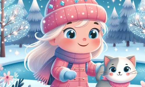 Une illustration destinée aux enfants représentant une jeune fille émerveillée par la neige, accompagnée d'un adorable chaton, découvrant un enchanté parc hivernal rempli d'arbres scintillants de cristaux de givre, où elle vit de joyeuses aventures avec ses amis.