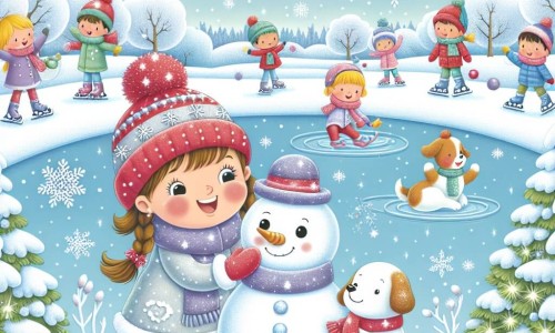 Une illustration destinée aux enfants représentant une petite fille joyeuse, entourée de flocons de neige scintillants, construisant un bonhomme de neige avec l'aide de son chien fidèle, dans un paisible parc enneigé bordé d'arbres aux branches givrées et d'un lac gelé où les enfants patinent avec enthousiasme.