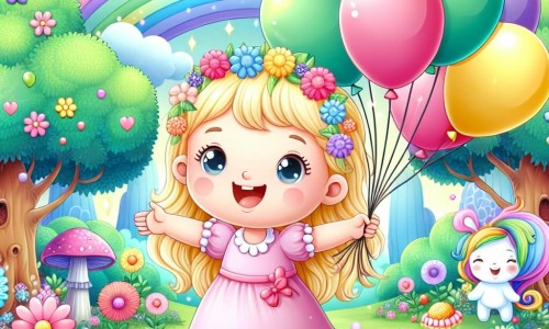 Une illustration destinée aux enfants représentant une petite fille aux boucles blondes, le visage illuminé par un sourire radieux, entourée de ballons colorés, dans un jardin enchanté rempli de fleurs multicolores et d'arbres majestueux.