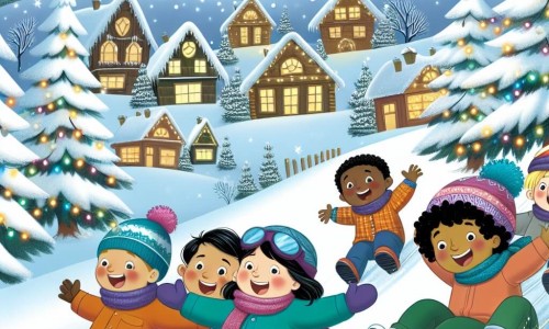 Une illustration destinée aux enfants représentant un jeune garçon joyeux, accompagné de ses amis, glissant sur une pente enneigée bordée de majestueux sapins, dans un village hivernal décoré de lumières scintillantes.