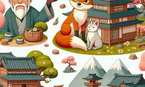 Une illustration destinée aux enfants représentant un marchand avide, un village mystérieux, un sage kitsune et un gattino abandonné, dans un village reculé du Japon avec des pagodes en bois et des cerisiers en fleurs.