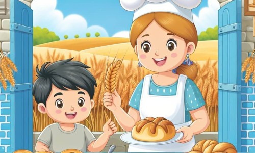 Une illustration destinée aux enfants représentant une jeune boulangère souriante préparant des délicieuses pâtisseries avec l'aide d'un petit garçon curieux, dans une charmante boulangerie en pierre aux volets bleus, entourée de champs de blé ondulant sous un ciel bleu azur.
