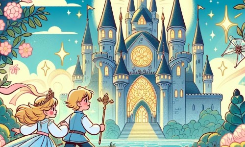 Une illustration destinée aux enfants représentant un jeune prince courageux, accompagné d'une princesse intrépide, explorant un château enchanté aux tours scintillantes et aux jardins fleuris, dans un royaume magique et lointain.