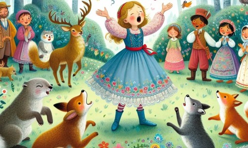 Une illustration destinée aux enfants représentant une jeune fille émerveillée le jour de son anniversaire, entourée d'animaux parlants et de créatures fantastiques, dans un jardin enchanté rempli de fleurs colorées et d'arbres dansants.