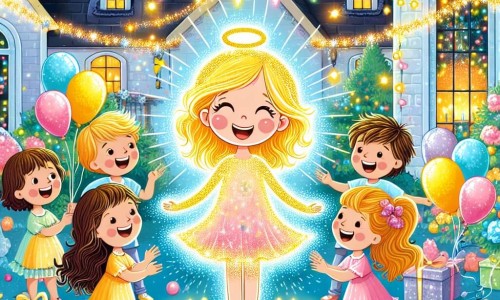 Une illustration destinée aux enfants représentant une petite fille rayonnante, célébrant son anniversaire entourée de ses amis, dans une magnifique maison décorée de ballons colorés et de guirlandes scintillantes.