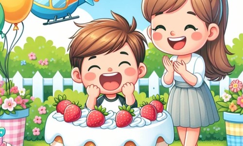 Une illustration destinée aux enfants représentant un garçon joyeux découvrant une énorme torta ricoperta di panna e fragole, avec sa maman souriante et un elicottero colorato atterrissant dans un jardin ensoleillé pour son anniversaire.