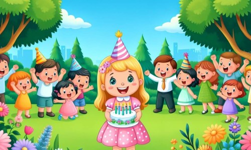 Une illustration destinée aux enfants représentant une petite fille joyeuse, entourée de ses amis et de sa famille, célébrant son anniversaire dans un magnifique parc rempli de fleurs colorées, arbres majestueux et un ciel bleu sans nuages.