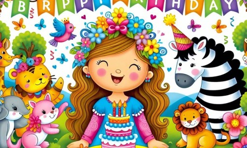 Une illustration destinée aux enfants représentant une jeune fille rayonnante le jour de son anniversaire, entourée d'animaux festifs dans un jardin fleuri aux couleurs éclatantes.