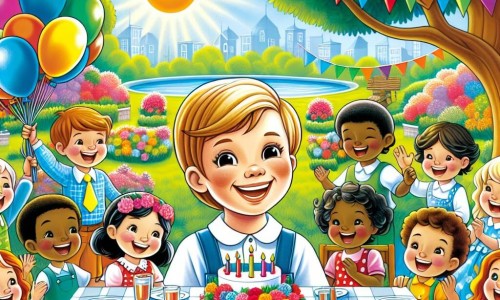 Une illustration destinée aux enfants représentant un jeune garçon souriant, au milieu d'un joyeux rassemblement d'amis et de famille, entouré de ballons colorés et d'une grande table de fête, dans un jardin ensoleillé avec des fleurs éclatantes et un grand arbre majestueux en arrière-plan.