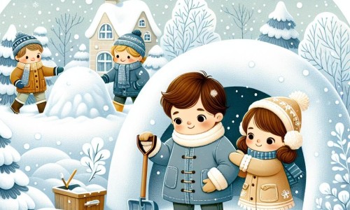 Une illustration destinée aux enfants représentant un petit garçon vêtu d'un cappotto chaud, tenant une pelle à neige, jouant dans une grande grotte de neige avec un ami et une nouvelle amie, entourés d'arbres enneigés et de flocons de neige virevoltants, créant une ambiance magique dans un paisible village d'hiver.