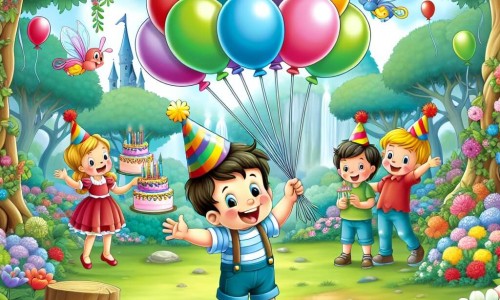Une illustration destinée aux enfants représentant un petit garçon tout excité, entouré de ballons multicolores, qui célèbre son anniversaire avec ses amis dans un jardin enchanté rempli de fleurs colorées et d'arbres majestueux.