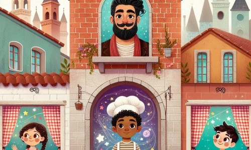 Une illustration destinée aux enfants représentant un boulanger magicien, un garçon curieux et ses amis, une charmante boulangerie aux murs en briques rouges et aux fenêtres ornées de rideaux à carreaux, située dans la pittoresque petite ville de Campagnola.