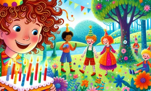 Une illustration destinée aux enfants représentant un jeune garçon aux cheveux bouclés, habillé de façon colorée, qui célèbre son anniversaire avec ses amis dans un parc enchanteur rempli de fleurs multicolores, d'arbres majestueux et d'un ciel bleu éclatant.