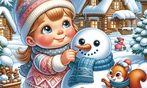 Une illustration destinée aux enfants représentant une jeune fille, les joues rouges de froid, qui construit un grand bonhomme de neige avec l'aide d'un joyeux écureuil, dans un paisible village enneigé, entouré de chalets en bois et d'arbres couverts de neige étincelante.
