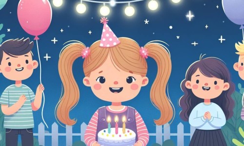 Une illustration destinée aux enfants représentant une fillette aux cheveux en deux codines, vivant un anniversaire magique avec ses amis et sa famille, dans un jardin décoré de festons lumineux et de ballons colorés.