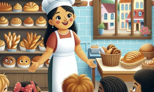Une illustration destinée aux enfants représentant un boulanger souriant, entouré d'enfants curieux, dans une charmante boulangerie aux murs en briques, avec des étagères remplies de pains et de pâtisseries colorées, située dans une petite ville pittoresque.