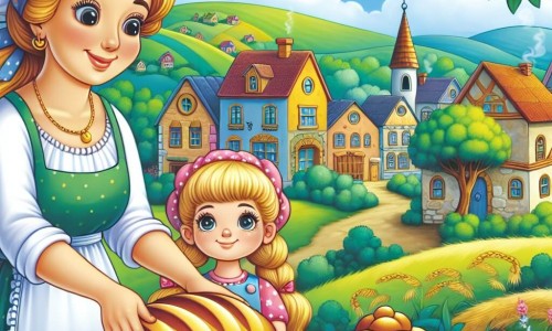 Une illustration destinée aux enfants représentant une boulangerie enchantée, où une femme douce et souriante prépare de délicieux pains dorés, accompagnée d'une petite fille curieuse, dans un village pittoresque entouré de collines verdoyantes et de maisons colorées.