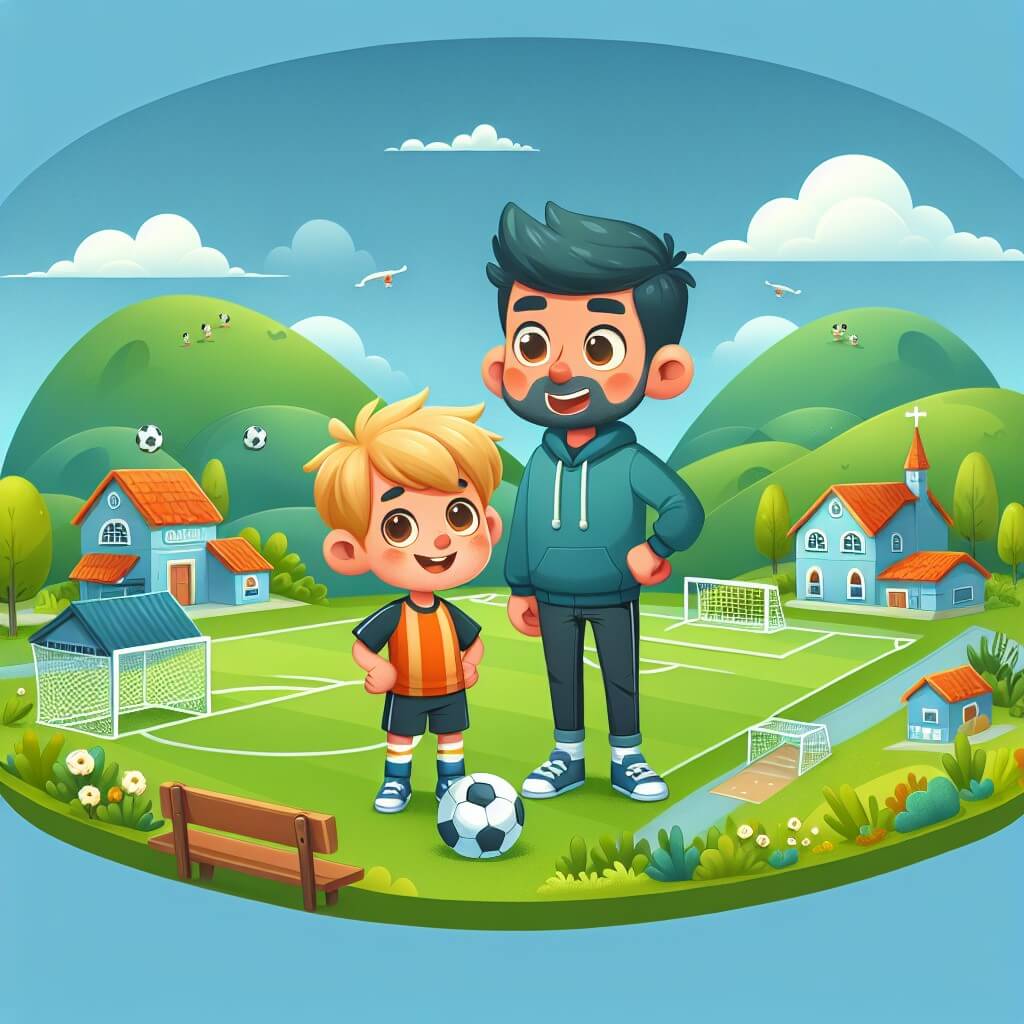Une illustration destinée aux enfants représentant un jeune homme passionné de football, qui rêve de devenir un champion, accompagné d'un mystérieux entraîneur, dans un petit village pittoresque entouré de collines verdoyantes et d'un magnifique stade de football au centre.