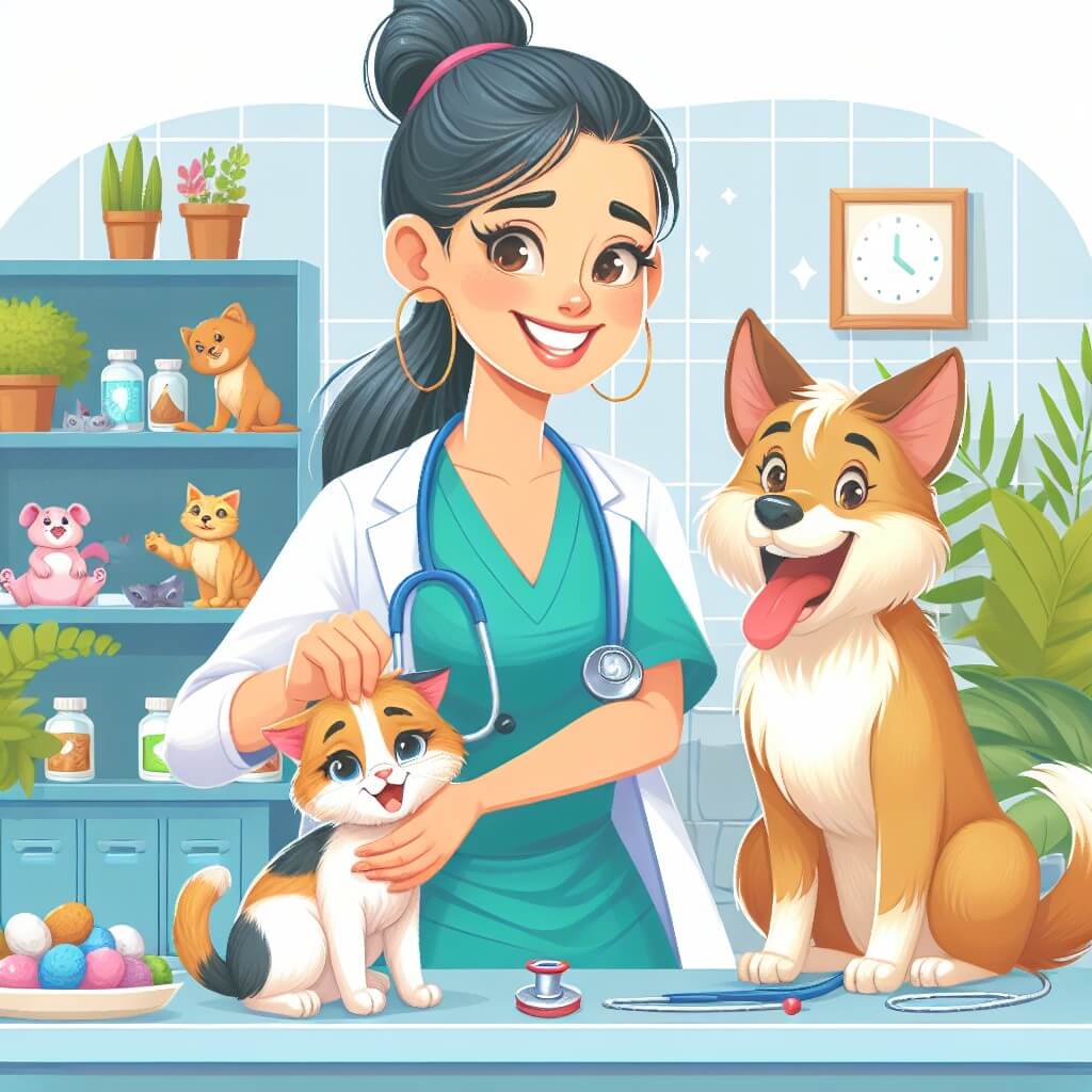 Une illustration destinée aux enfants représentant une jeune femme vétérinaire passionnée, au sourire radieux, prenant soin d'une gattina malade, accompagnée d'un chien joyeux, dans une clinique vétérinaire colorée et accueillante, entourée de plantes vertes et de petits animaux curieux.